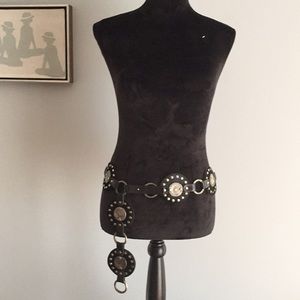 Adjustable Black Leather Belt w/ Metal Detailing